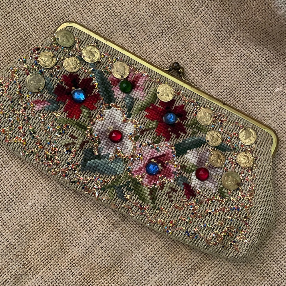 Vintage Crosstitch embellished clutch